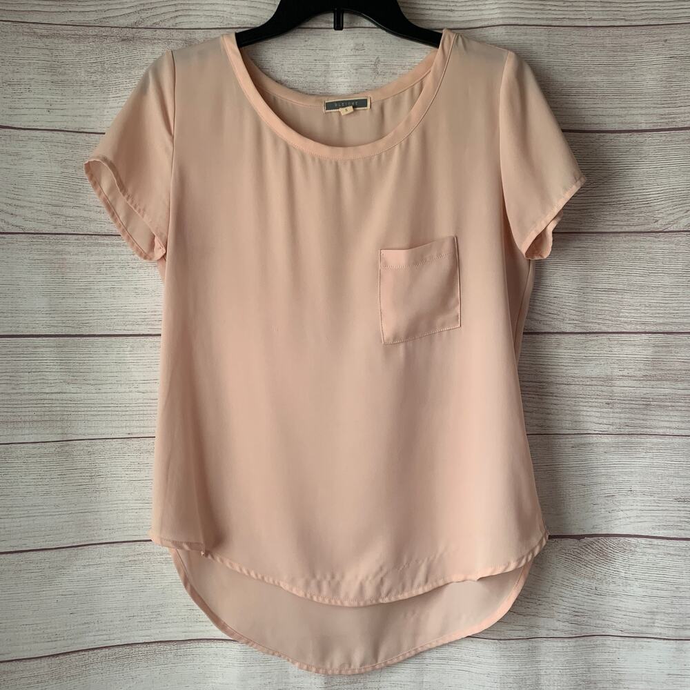 Pleione Light Pink Blouse Short Sleeve Hi Low Pocket Size Small